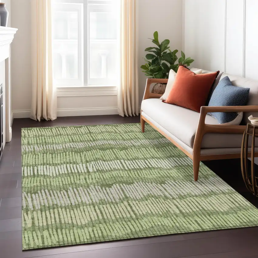 Olive Green And Gray Striped Washable Indoor Outdoor Area Rug Photo 9
