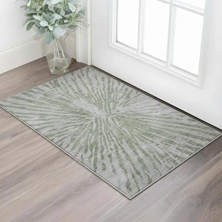 Olive Green And Gray Zebra Print Washable Area Rug With UV Protection Photo 2