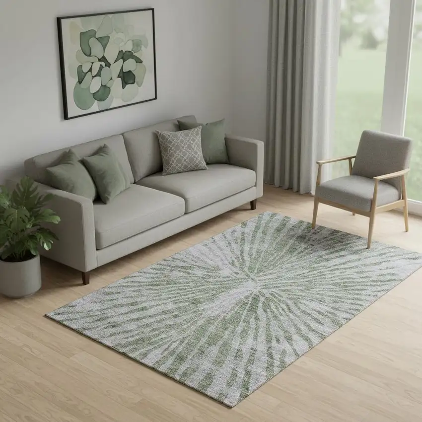 Olive Green And Gray Zebra Print Washable Area Rug With UV Protection Photo 1