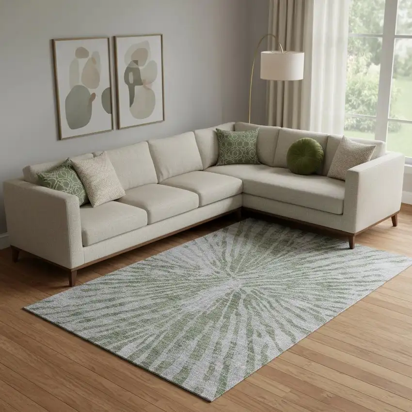 Olive Green And Gray Zebra Print Washable Area Rug With UV Protection Photo 1