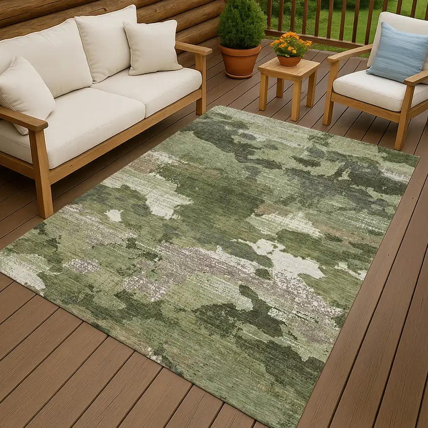 Olive Green And Green Abstract Washable Indoor Outdoor Area Rug Photo 4