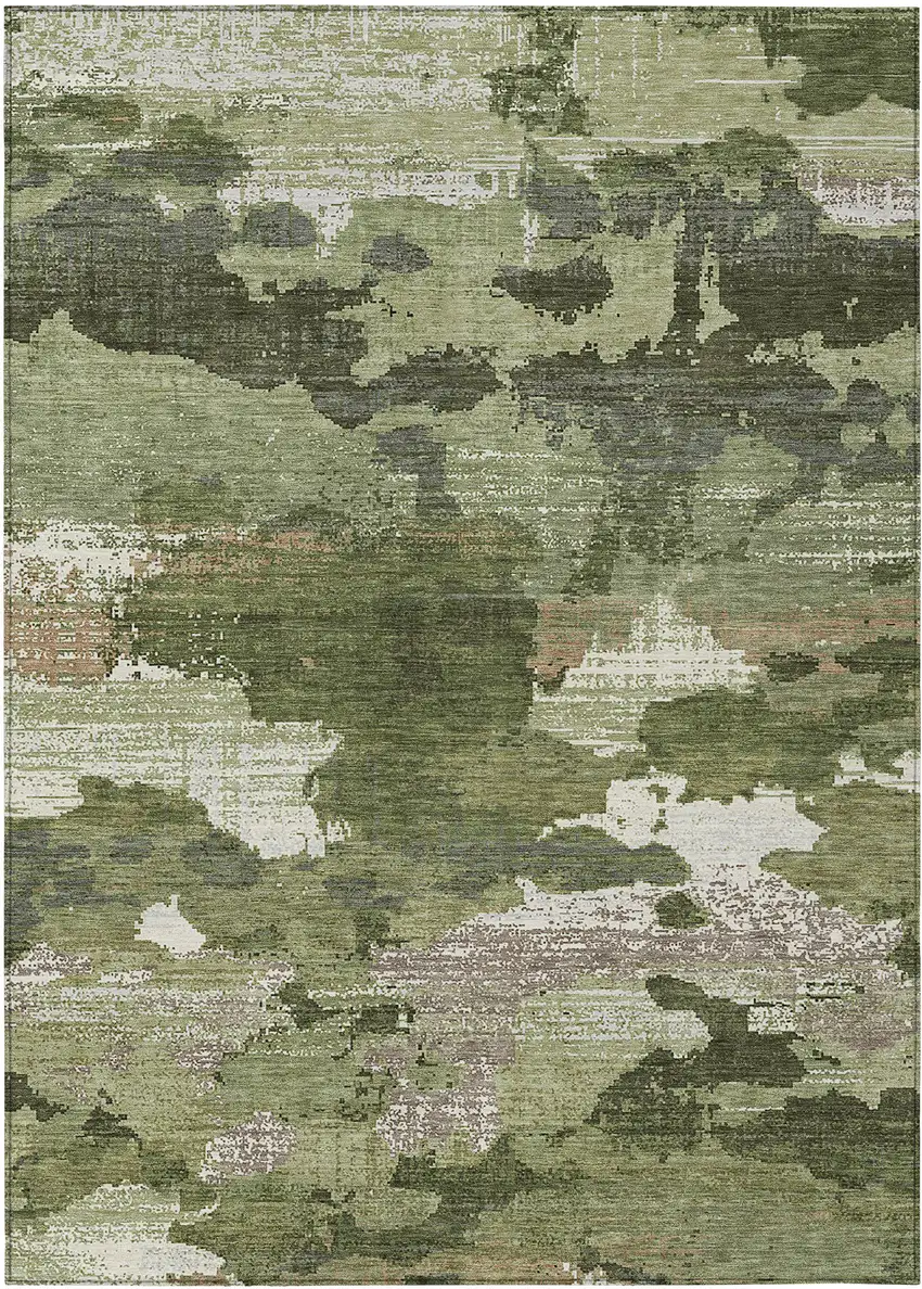 Olive Green And Green Abstract Washable Indoor Outdoor Area Rug Photo 1