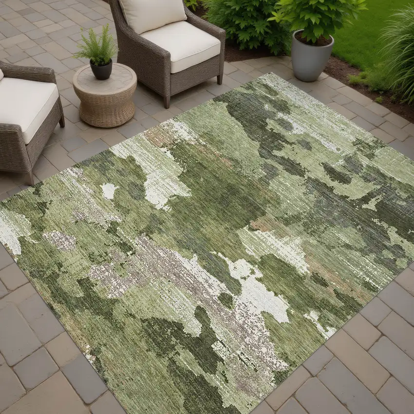 Olive Green And Green Abstract Washable Indoor Outdoor Area Rug Photo 7