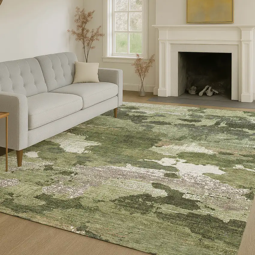 Olive Green And Green Abstract Washable Indoor Outdoor Area Rug Photo 6