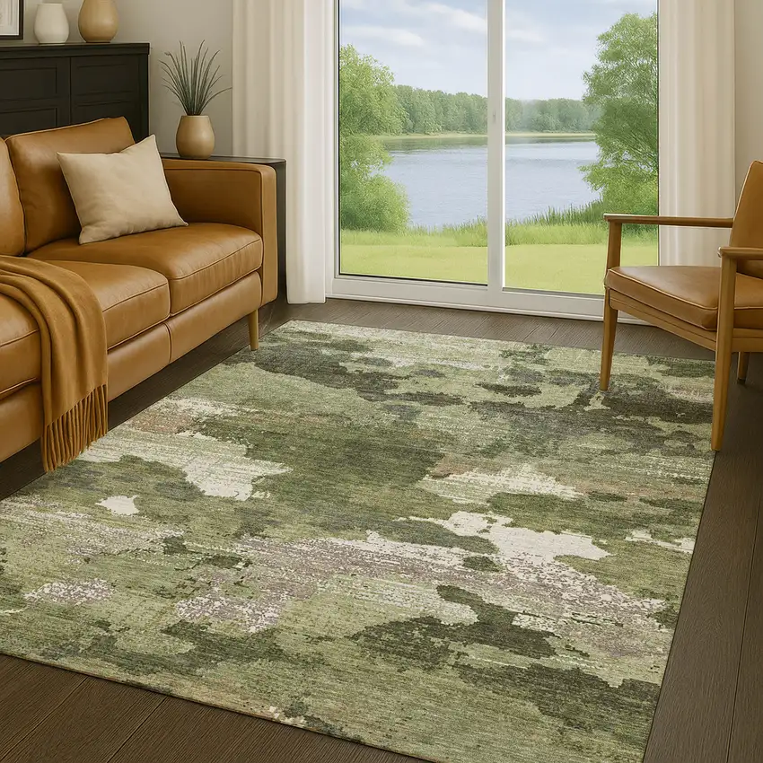 Olive Green And Green Abstract Washable Indoor Outdoor Area Rug Photo 5