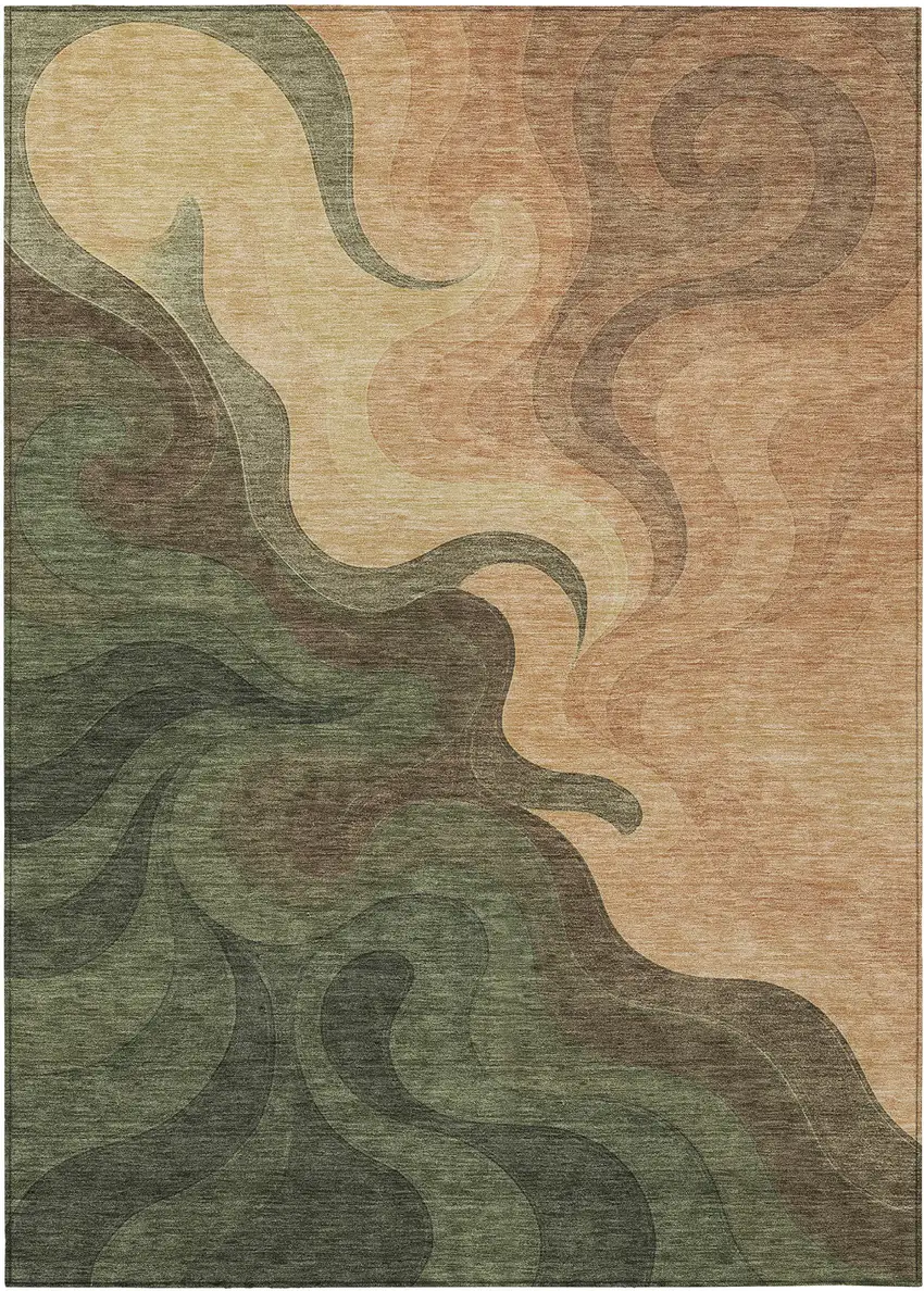 Olive Green And Green Abstract Washable Indoor Outdoor Area Rug Photo 1