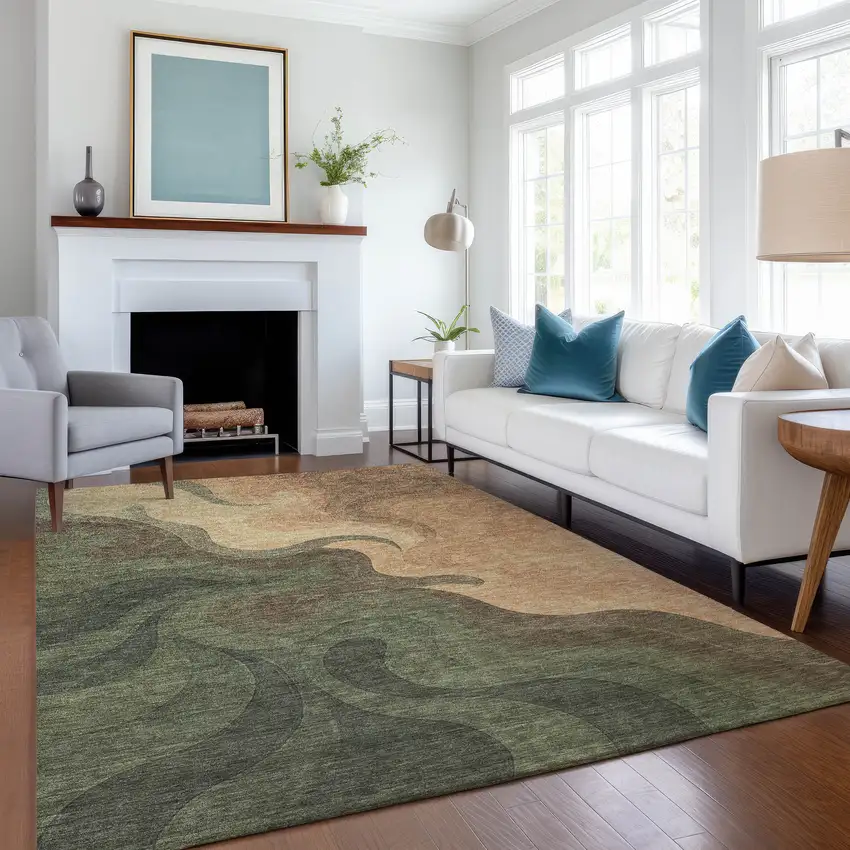 Olive Green And Green Abstract Washable Indoor Outdoor Area Rug Photo 6