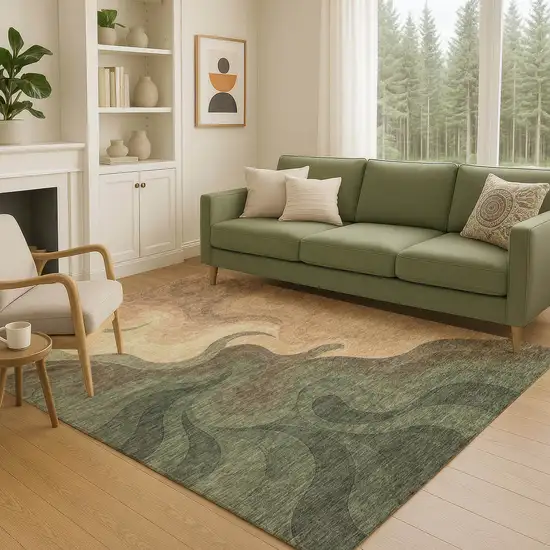 Olive Green And Green Abstract Washable Indoor Outdoor Area Rug Photo 5