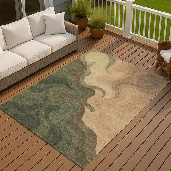 Olive Green And Green Abstract Washable Indoor Outdoor Area Rug Photo 7