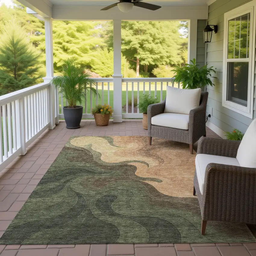 Olive Green And Green Abstract Washable Indoor Outdoor Area Rug Photo 4