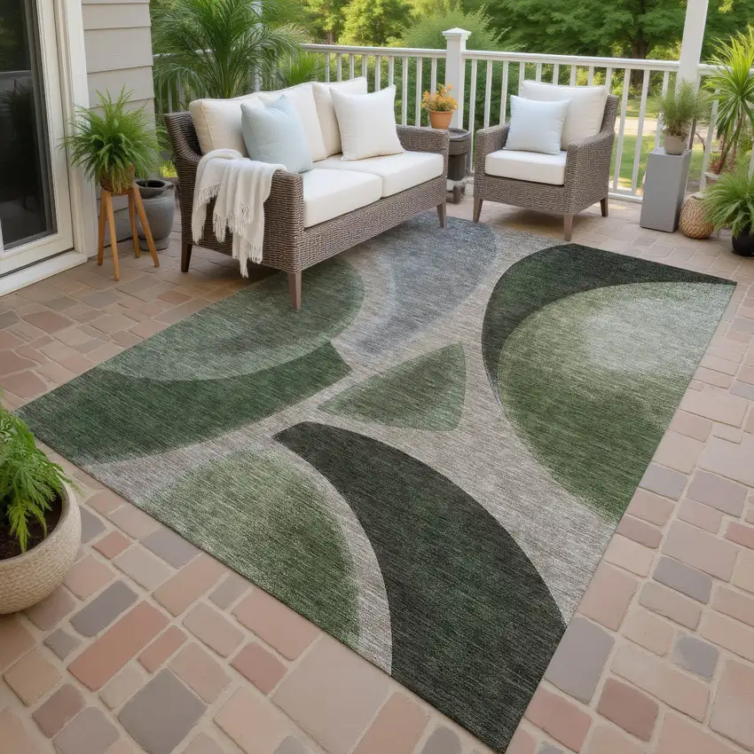 Olive Green And Green Abstract Washable Indoor Outdoor Area Rug Photo 4
