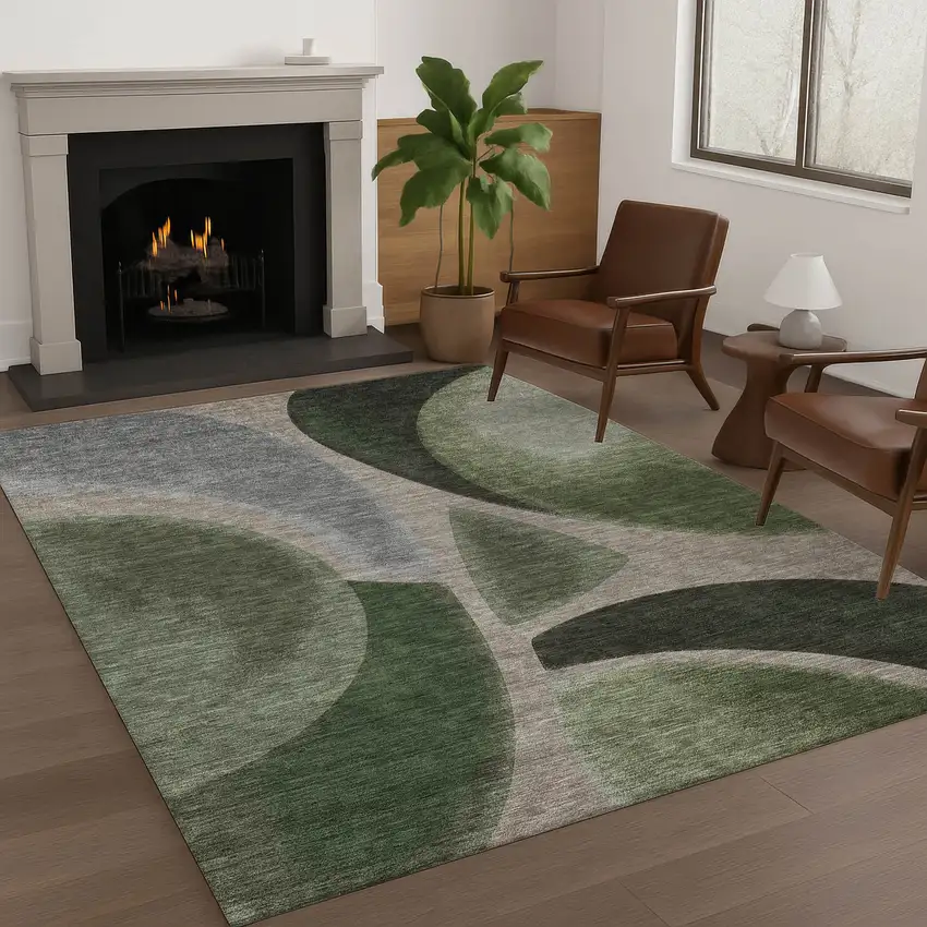 Olive Green And Green Abstract Washable Indoor Outdoor Area Rug Photo 6
