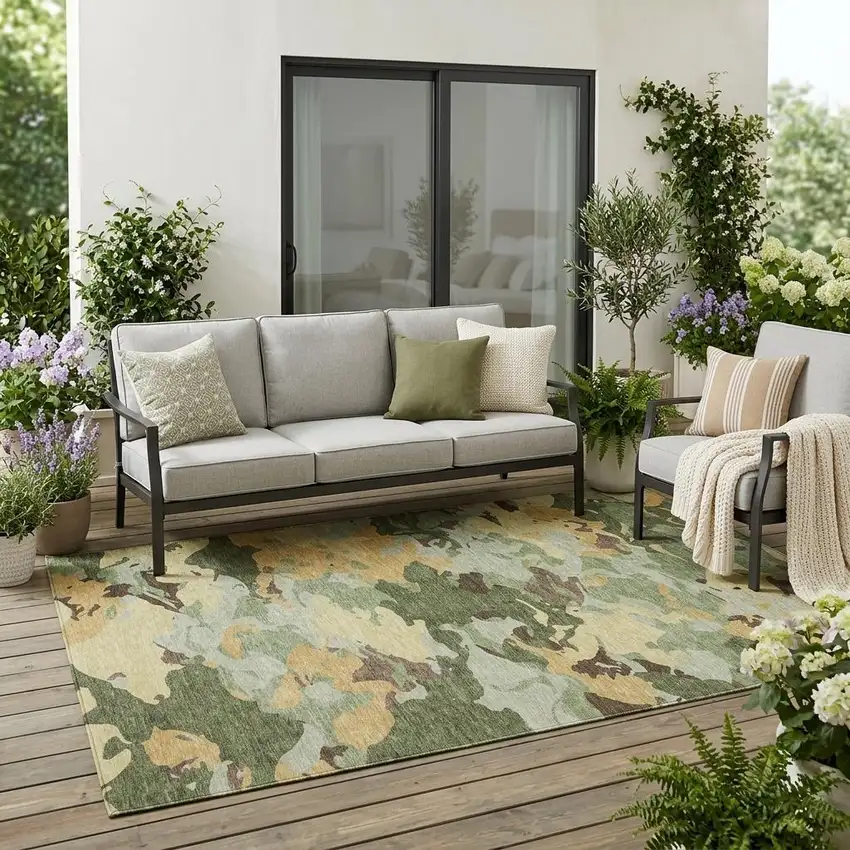 Olive Green And Green Abstract Washable Indoor Outdoor Area Rug Photo 1