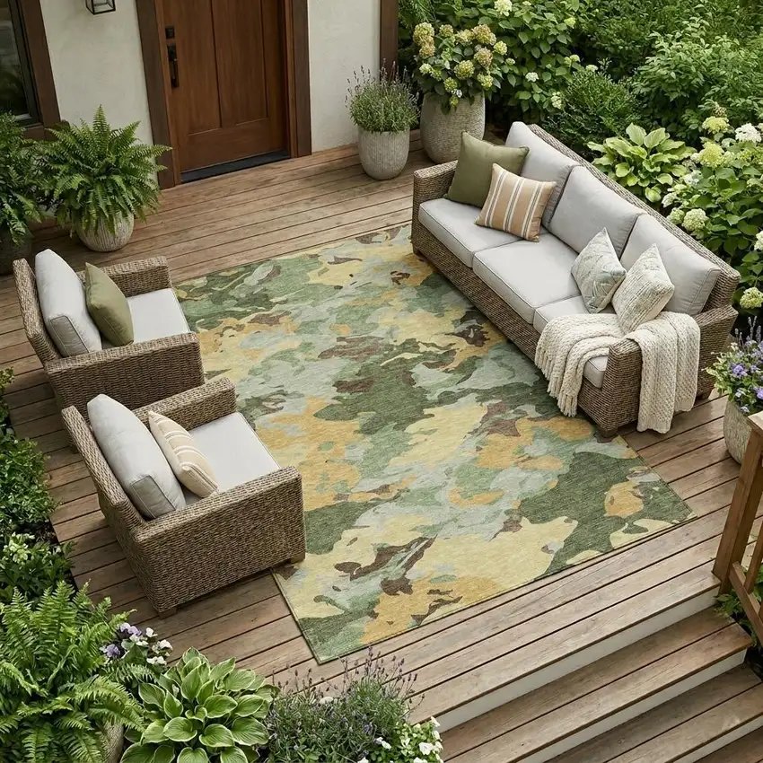 Olive Green And Green Abstract Washable Indoor Outdoor Area Rug Photo 1