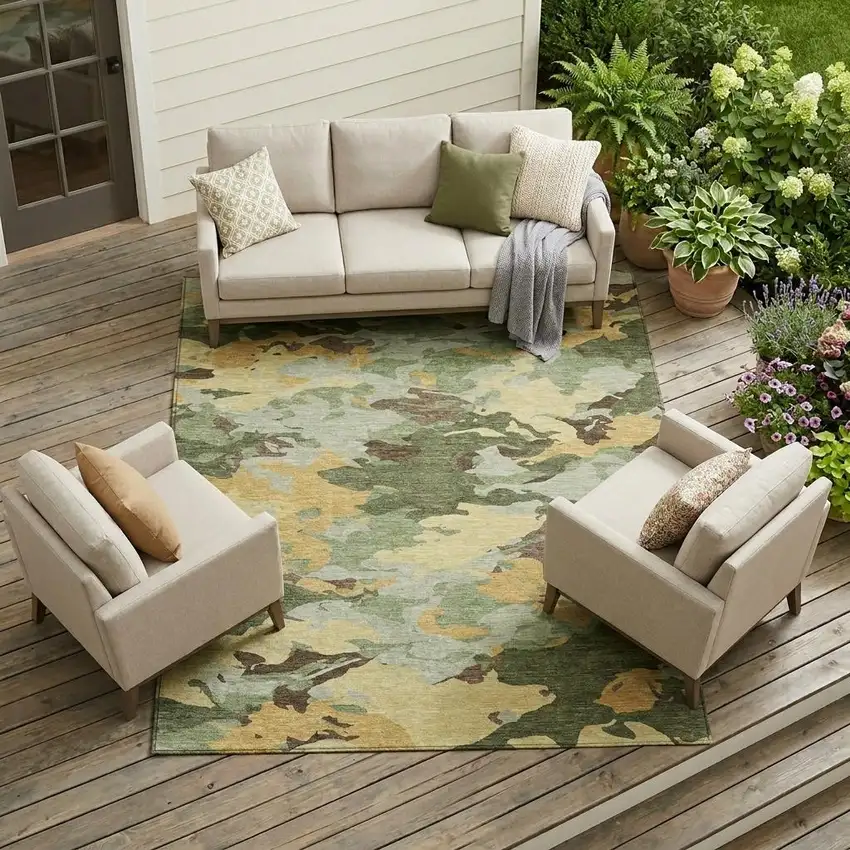 Olive Green And Green Abstract Washable Indoor Outdoor Area Rug Photo 1
