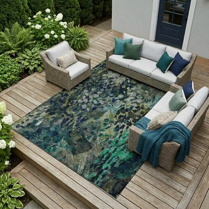 Olive Green And Green Abstract Washable Indoor Outdoor Area Rug Photo 1