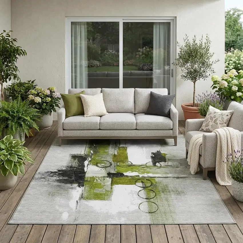 Olive Green And Green Abstract Washable Indoor Outdoor Area Rug Photo 1