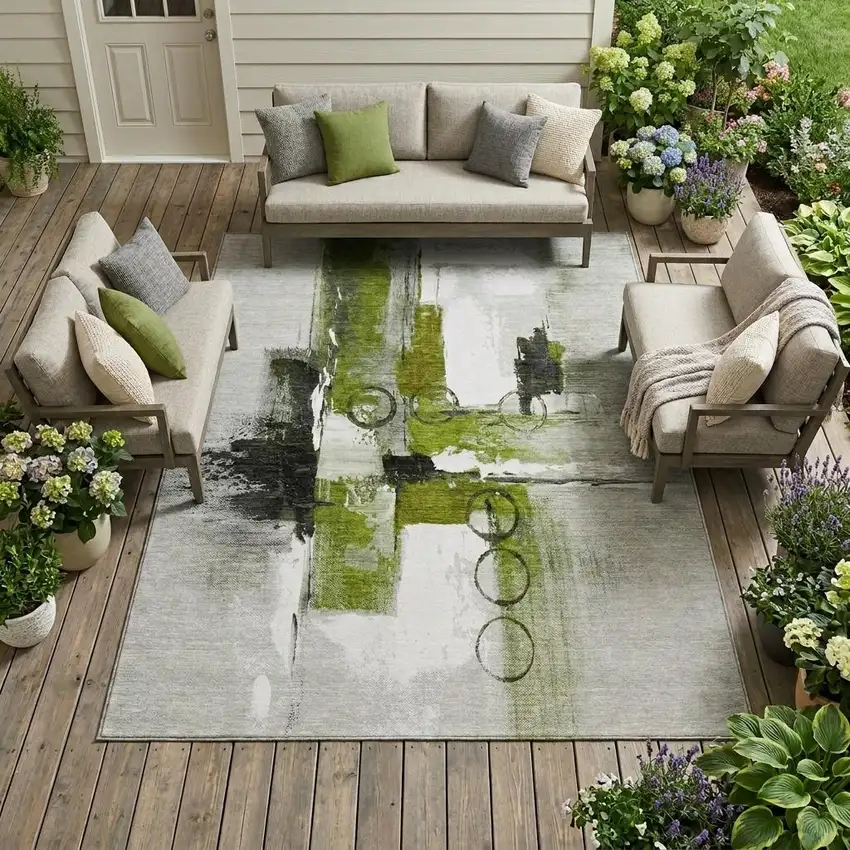 Olive Green And Green Abstract Washable Indoor Outdoor Area Rug Photo 1