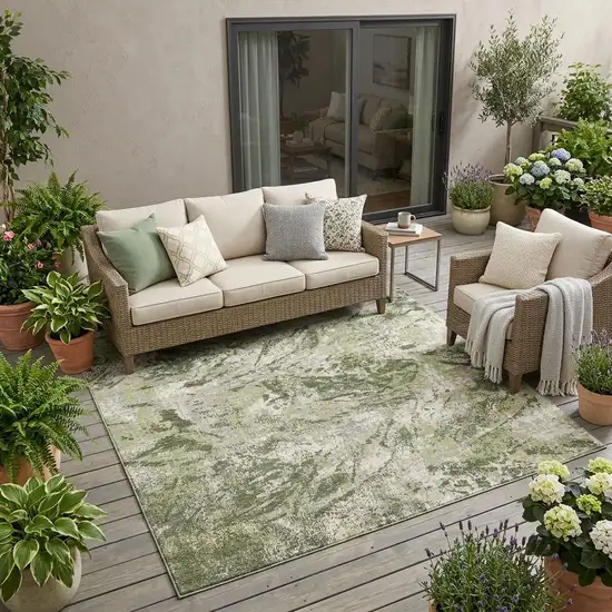 Olive Green And Green Abstract Washable Indoor Outdoor Area Rug Photo 1