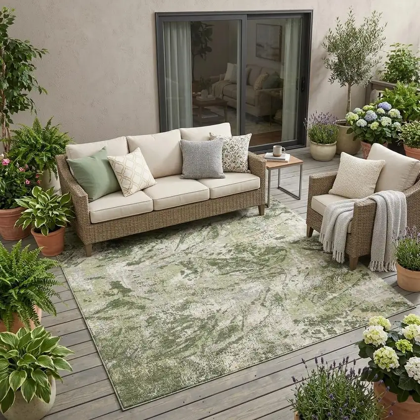 Olive Green And Green Abstract Washable Indoor Outdoor Area Rug Photo 1