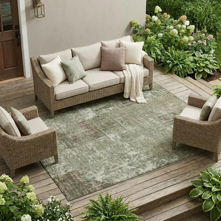 Olive Green And Green Abstract Washable Indoor Outdoor Area Rug Photo 1