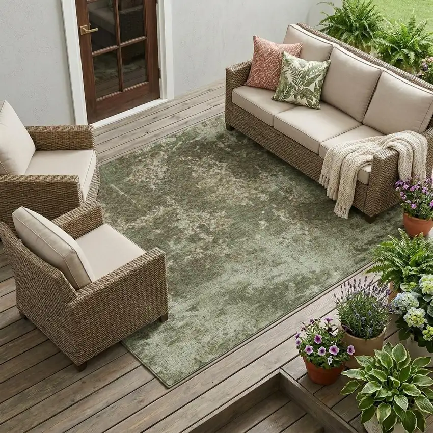 Olive Green And Green Abstract Washable Indoor Outdoor Area Rug Photo 1