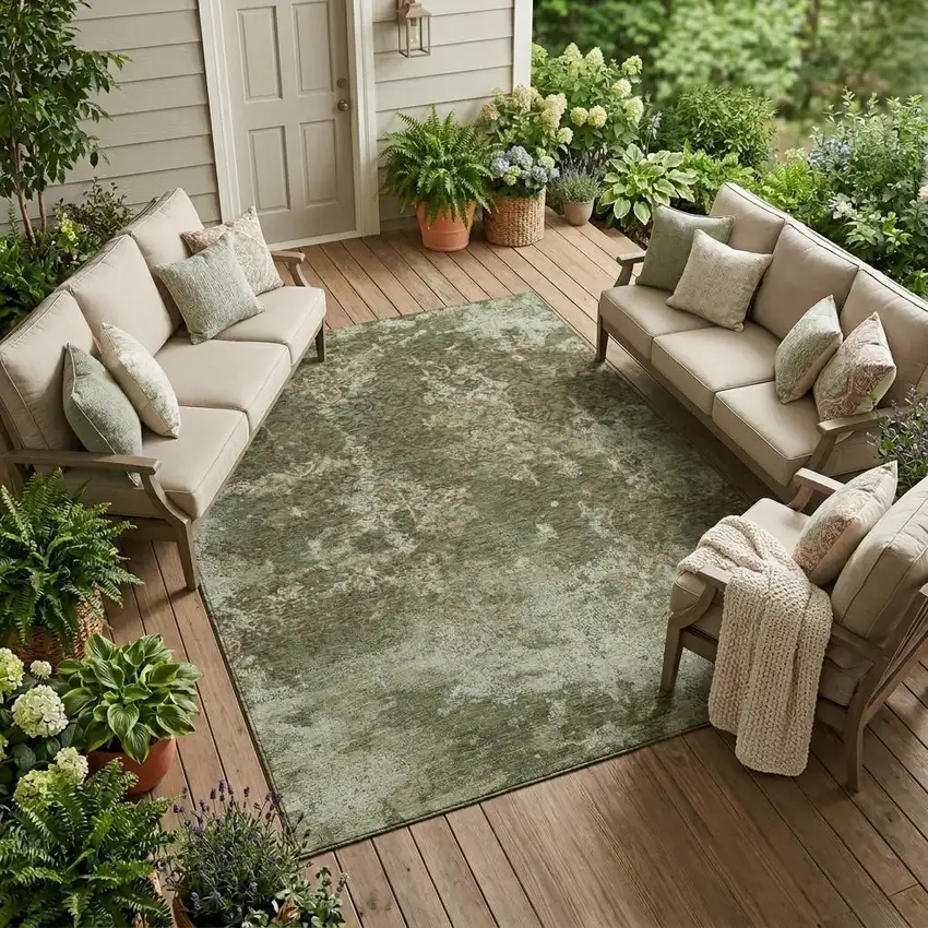 Olive Green And Green Abstract Washable Indoor Outdoor Area Rug Photo 1