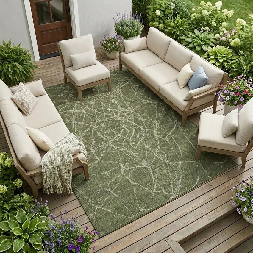 Olive Green And Green Abstract Washable Indoor Outdoor Area Rug Photo 1