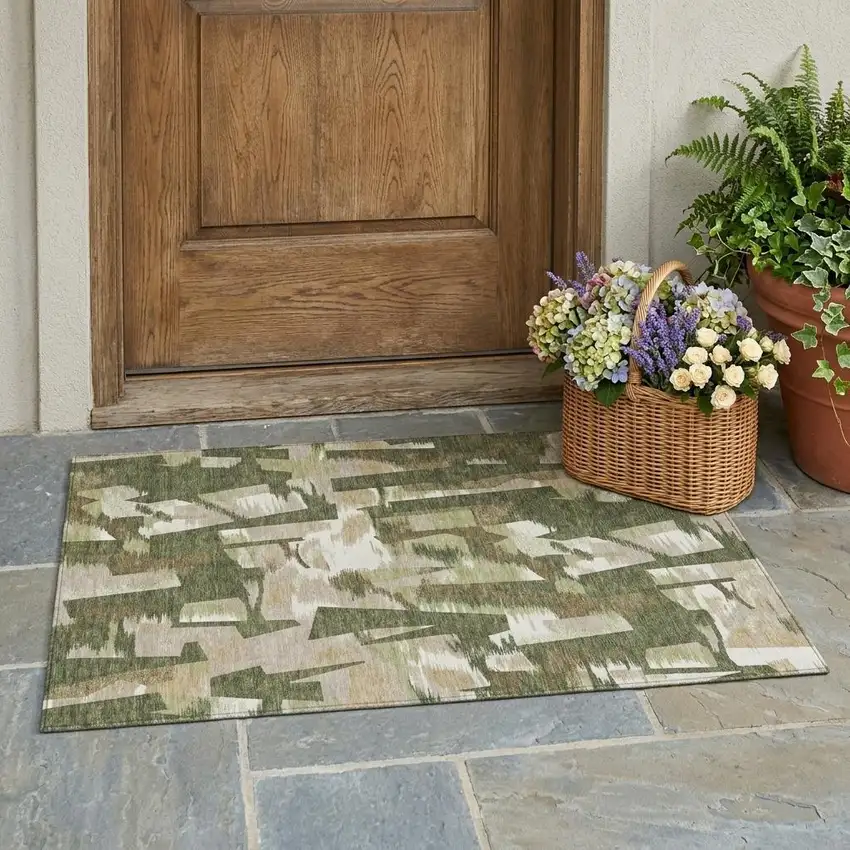 Olive Green And Green Abstract Washable Indoor Outdoor Area Rug Photo 1