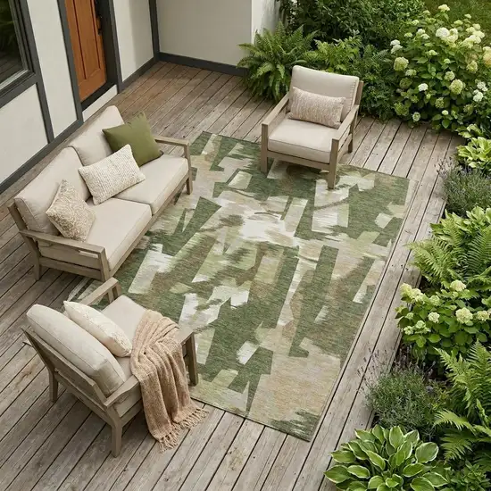 Olive Green And Green Abstract Washable Indoor Outdoor Area Rug Photo 1