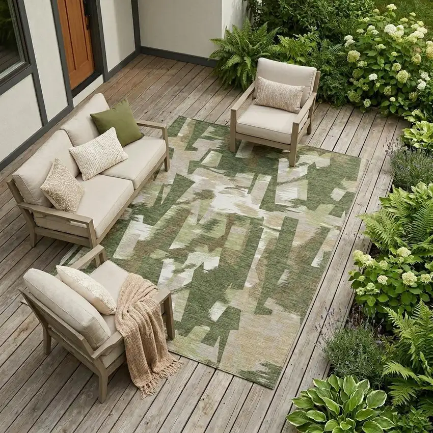 Olive Green And Green Abstract Washable Indoor Outdoor Area Rug Photo 1
