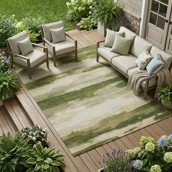 Olive Green And Green Abstract Washable Indoor Outdoor Area Rug Photo 1