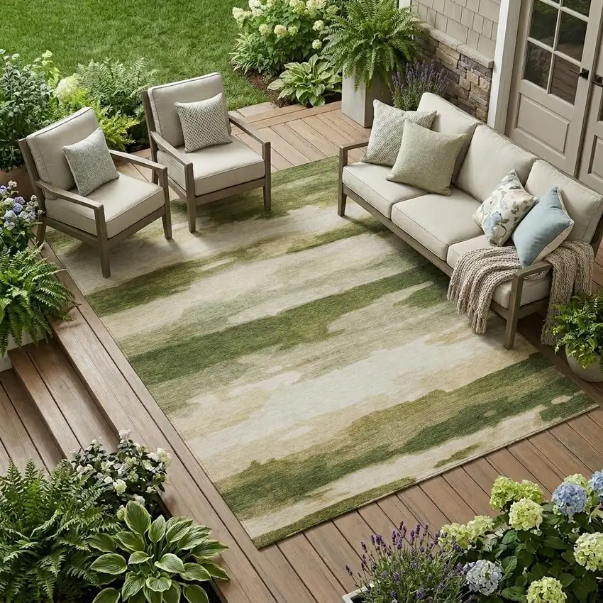 Olive Green And Green Abstract Washable Indoor Outdoor Area Rug Photo 1
