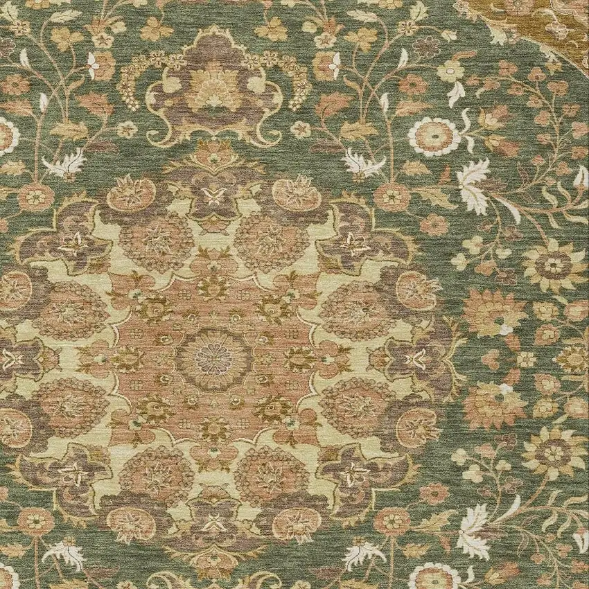 Olive Green And Green Damask Washable Indoor Outdoor Area Rug Photo 2