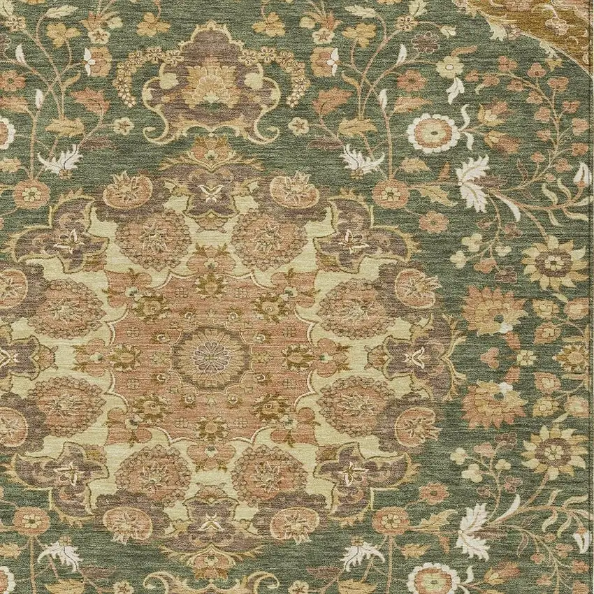 Olive Green And Green Damask Washable Indoor Outdoor Area Rug Photo 2