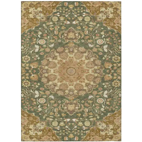 Olive Green And Green Damask Washable Indoor Outdoor Area Rug Photo 1
