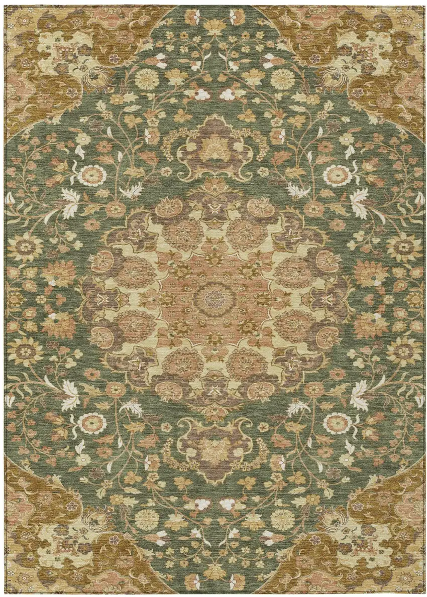Olive Green And Green Damask Washable Indoor Outdoor Area Rug Photo 1