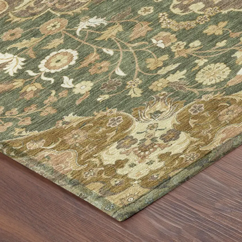 Olive Green And Green Damask Washable Indoor Outdoor Area Rug Photo 4