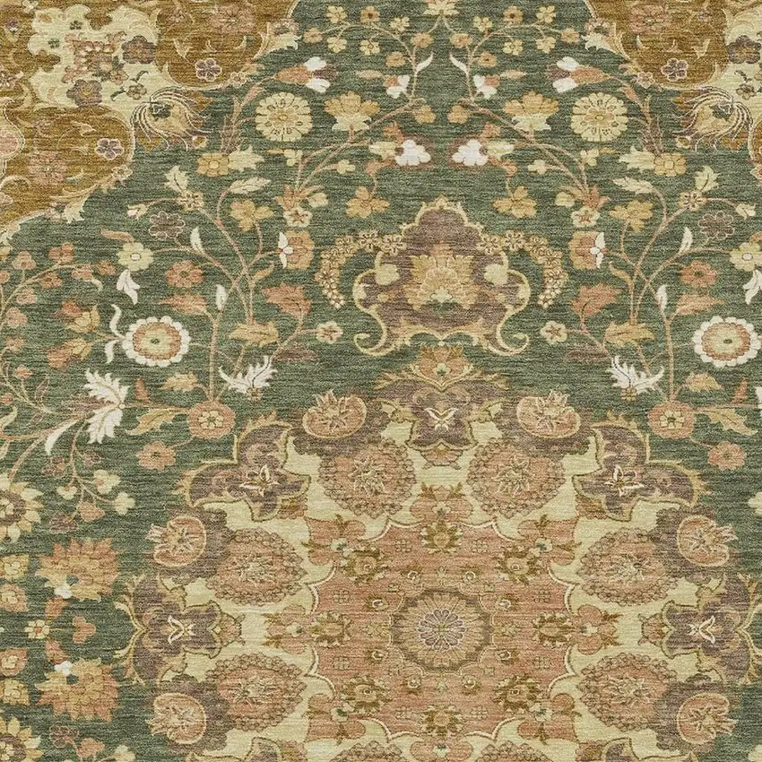 Olive Green And Green Damask Washable Indoor Outdoor Area Rug Photo 2