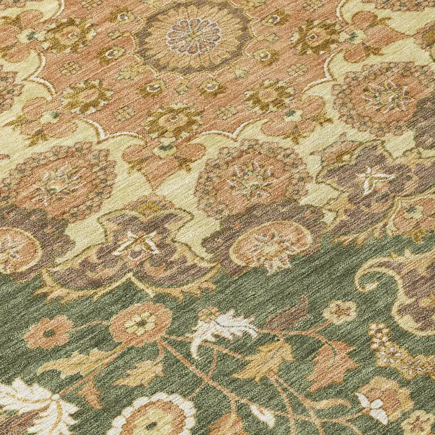 Olive Green And Green Damask Washable Indoor Outdoor Area Rug Photo 5