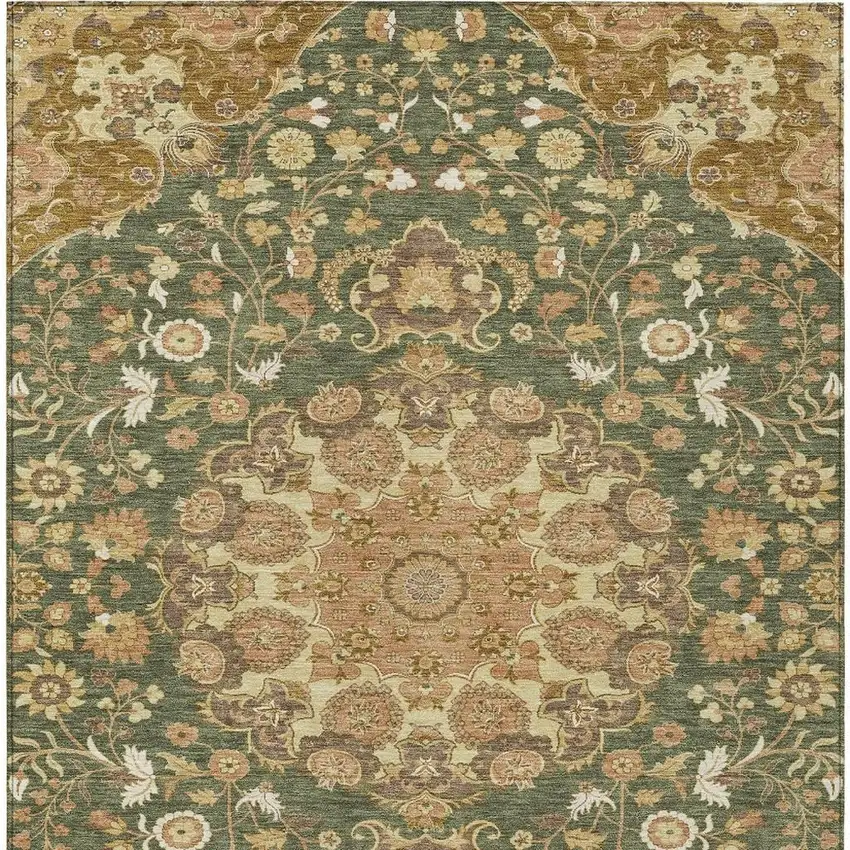 Olive Green And Green Damask Washable Indoor Outdoor Area Rug Photo 3