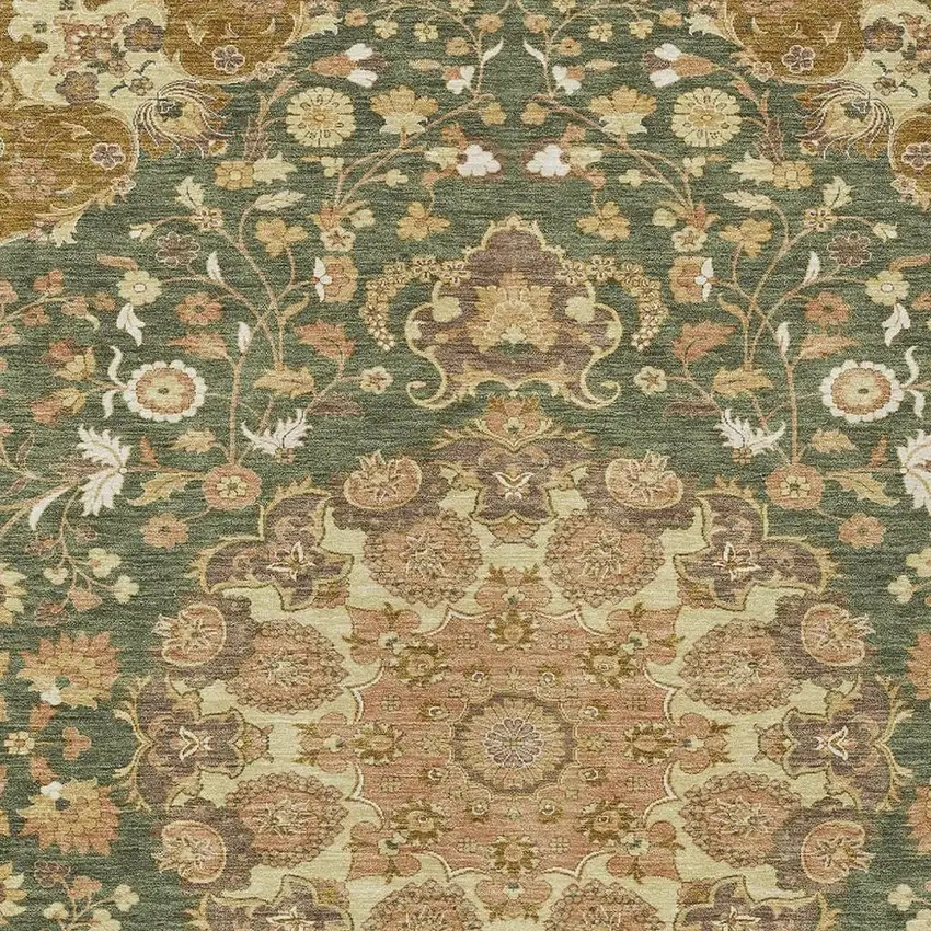 Olive Green And Green Damask Washable Indoor Outdoor Area Rug Photo 2