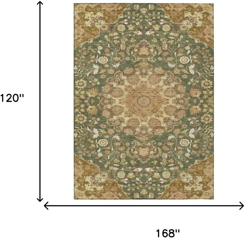 Olive Green And Green Damask Washable Indoor Outdoor Area Rug Photo 6
