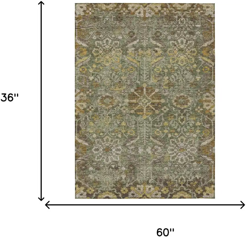 Olive Green And Green Damask Washable Indoor Outdoor Area Rug Photo 6