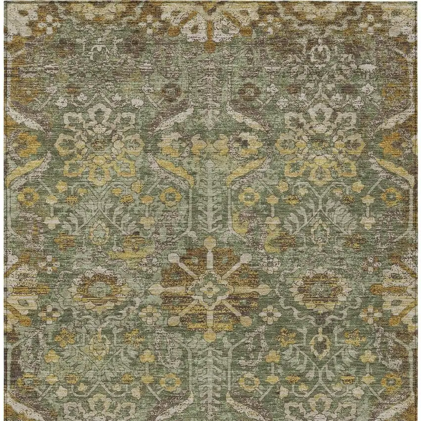 Olive Green And Green Damask Washable Indoor Outdoor Area Rug Photo 3