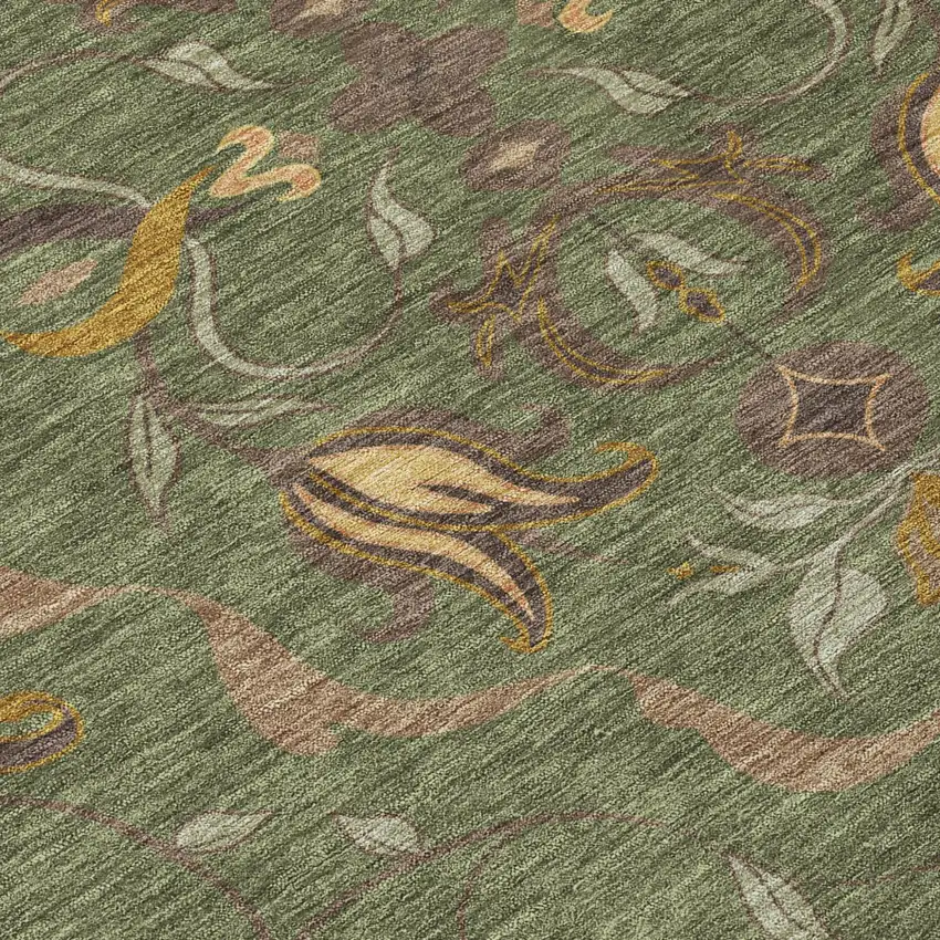 Olive Green And Green Damask Washable Indoor Outdoor Area Rug Photo 5