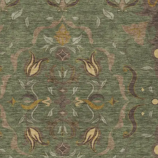 Olive Green And Green Damask Washable Indoor Outdoor Area Rug Photo 2