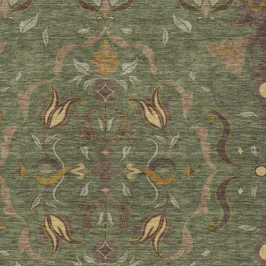 Olive Green And Green Damask Washable Indoor Outdoor Area Rug Photo 2