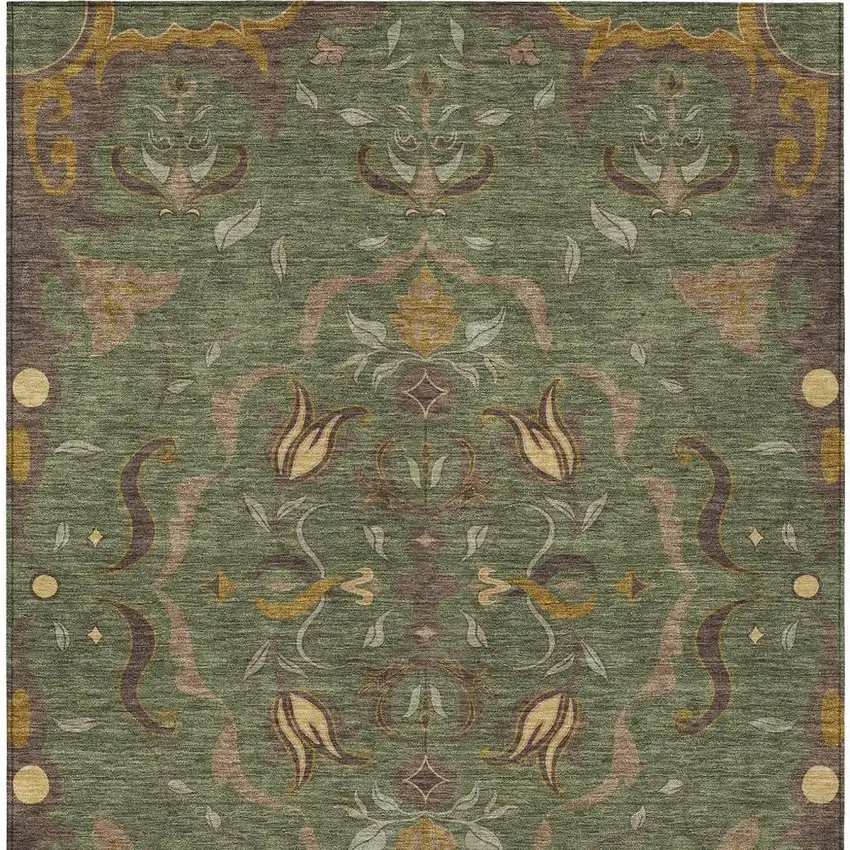 Olive Green And Green Damask Washable Indoor Outdoor Area Rug Photo 3