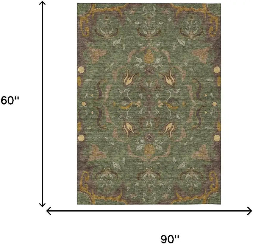 Olive Green And Green Damask Washable Indoor Outdoor Area Rug Photo 6
